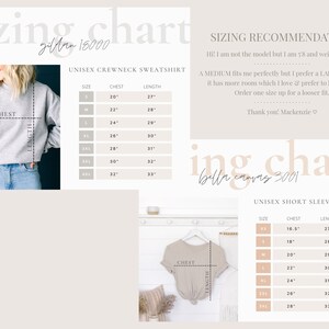 May include: Sizing chart for unisex crewneck sweatshirts and short sleeve tees. The chart shows chest and length measurements in inches for sizes XS to 4XL. The chart also includes a sizing recommendation from a customer.