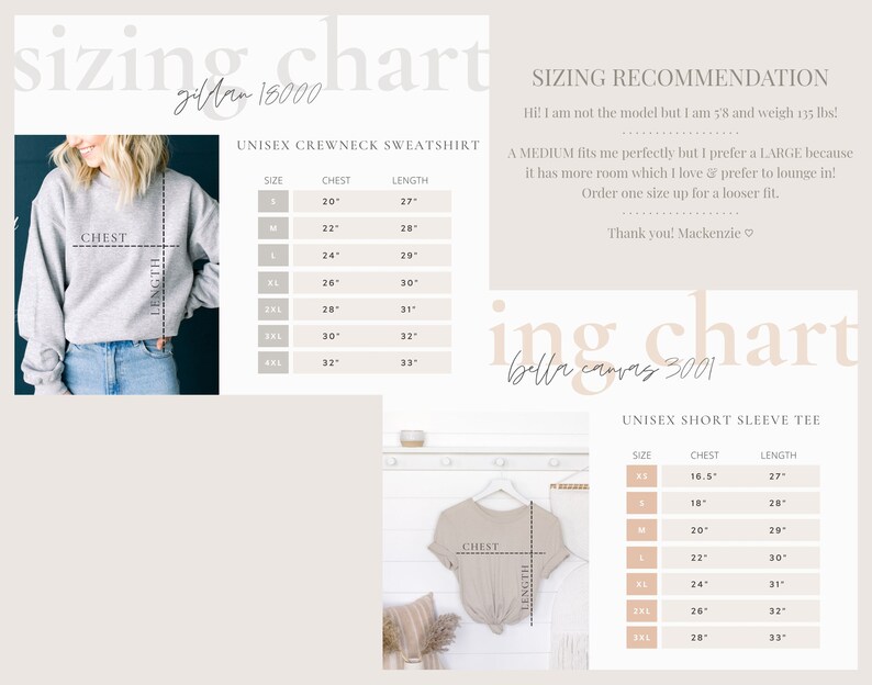 May include: Sizing chart for unisex crewneck sweatshirts and short sleeve tees. The chart shows chest and length measurements in inches for sizes XS to 4XL. The chart also includes a sizing recommendation from a customer.