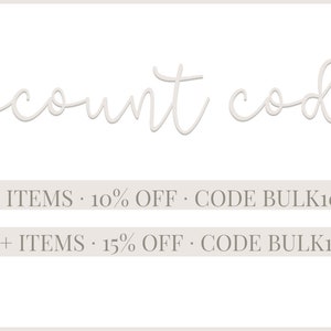 May include: A white text graphic on a light beige background with the text "discount codes" at the top. Below the text are two lines of text with discount codes for purchasing two or more items. The first line reads "2 ITEMS 10% OFF CODE BULK10". The second line reads "3+ ITEMS 15% OFF CODE BULK15".