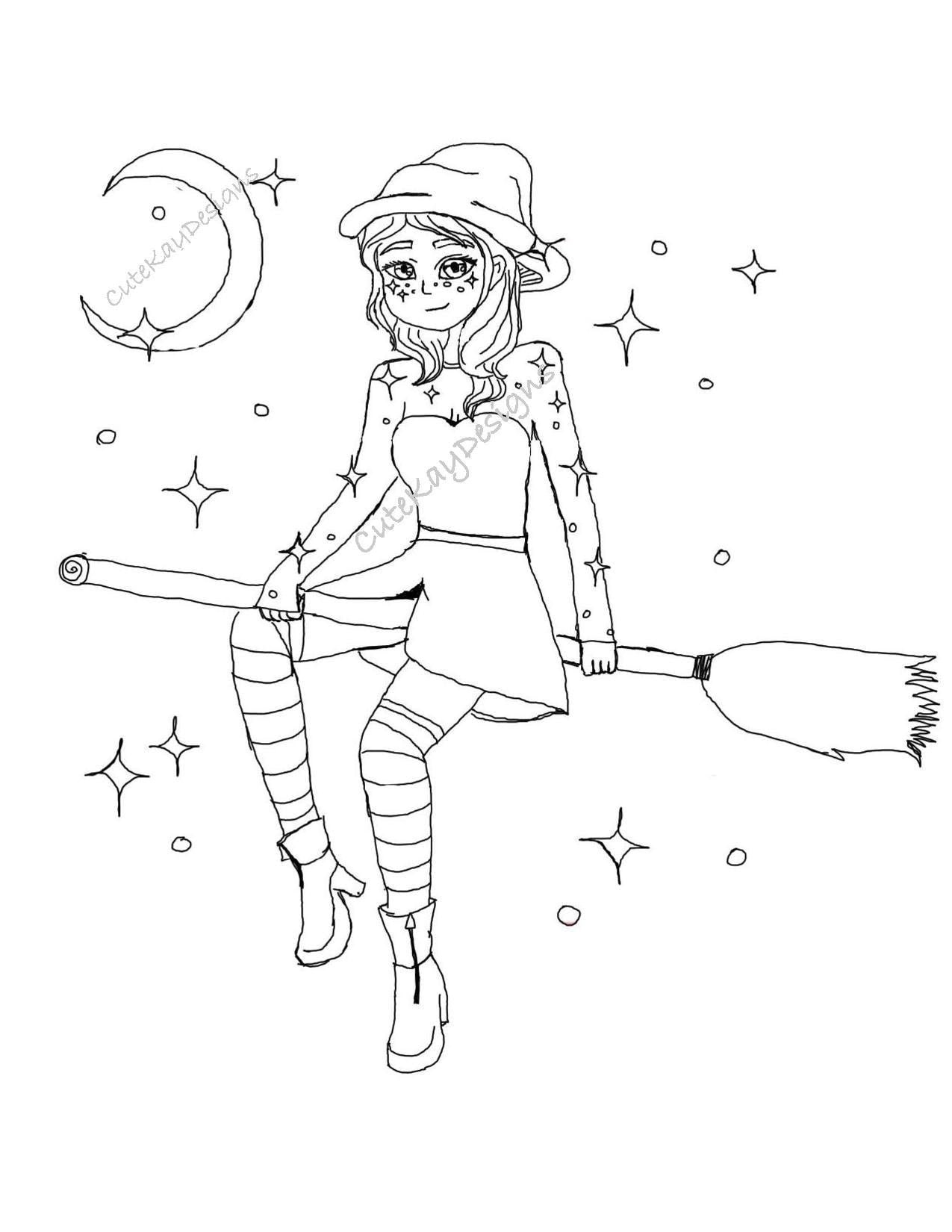 witch girl cartoon doodle kawaii anime coloring page cute