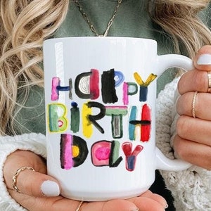 Bunte Hand gezeichnete alles Gute zum Geburtstag Kaffeebecher, Geburtstagsbecher, Geschenk für Sie oder Ihn, Geschenk für Mama, Geschenk für Papa, 9 Farben (11oz, 15oz, 20oz)