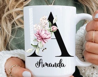 Personalized Floral Initial Mug: Custom Botanical Letter Cup