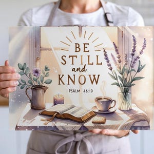 Könnte beinhalten: Aquarelldruck mit dem Text „BE STILL and KNOW“ aus Psalm 46,10. Das Bild zeigt eine ruhige Szene mit einem Fenster, Blumen, einem Buch, einer Tasse Kaffee und einer Kerze. Die Farbpalette umfasst sanfte Lila-, Braun- und Weißtöne.