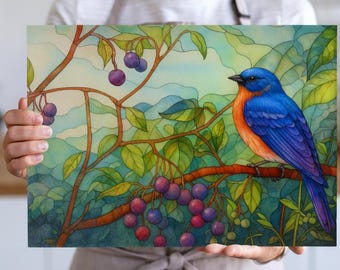 Bluebird Glass Cutting Board: Botanical Kitchen Decor, Bird Lover Gift