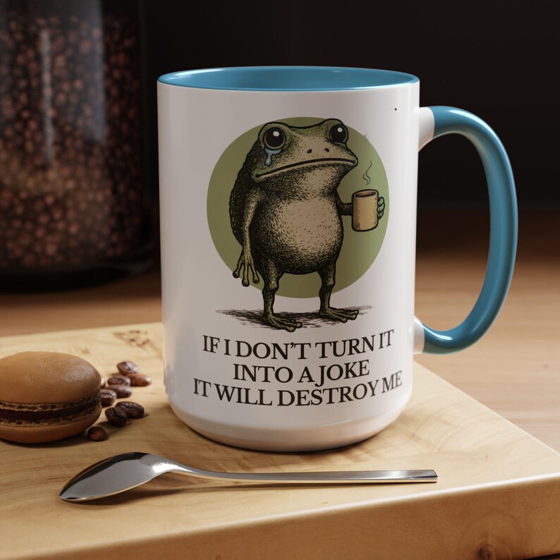 Taza divertida de rana: "Si no lo convierto en broma, me destruirá". Taza de café sarcástica con humor sobre salud mental, 325 ml, 480 ml y 590 ml. Light Blue