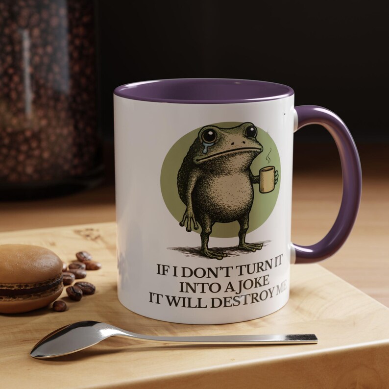 Taza divertida de rana: "Si no lo convierto en broma, me destruirá". Taza de café sarcástica con humor sobre salud mental, 325 ml, 480 ml y 590 ml. imagen 14