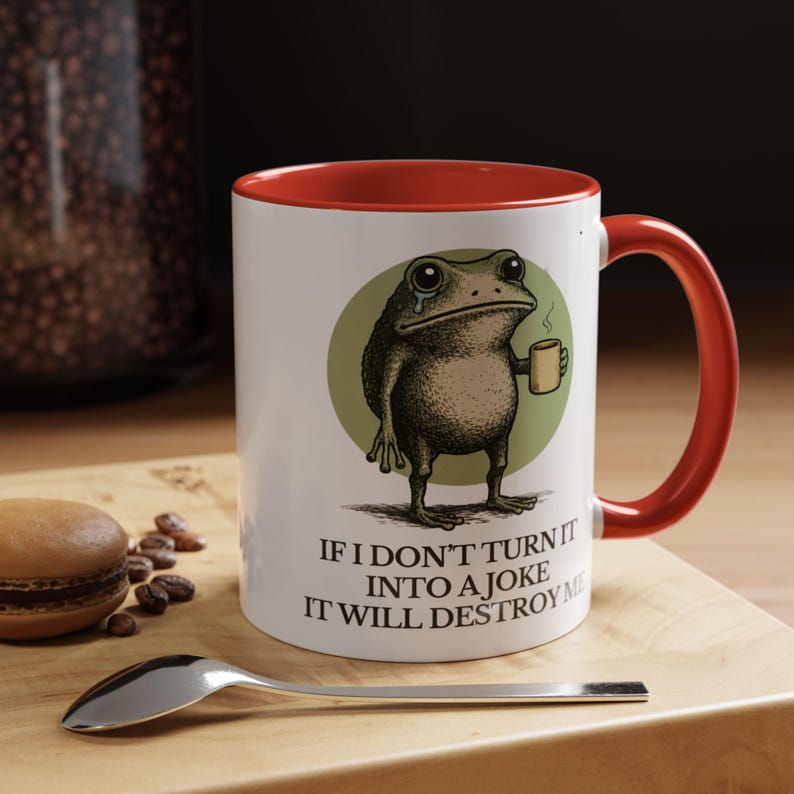 Taza divertida de rana: "Si no lo convierto en broma, me destruirá". Taza de café sarcástica con humor sobre salud mental, 325 ml, 480 ml y 590 ml. imagen 10