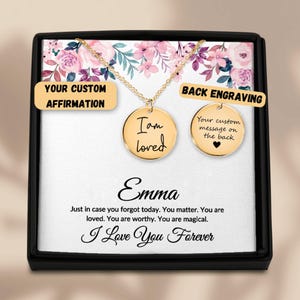 Collier affirmation personnalisé en or 18 carats, pièce de monnaie affirmations, cadeau la meilleure amie, cadeau de maman, cadeau d'anniversaire, collier carte personnalisé, dos gravé