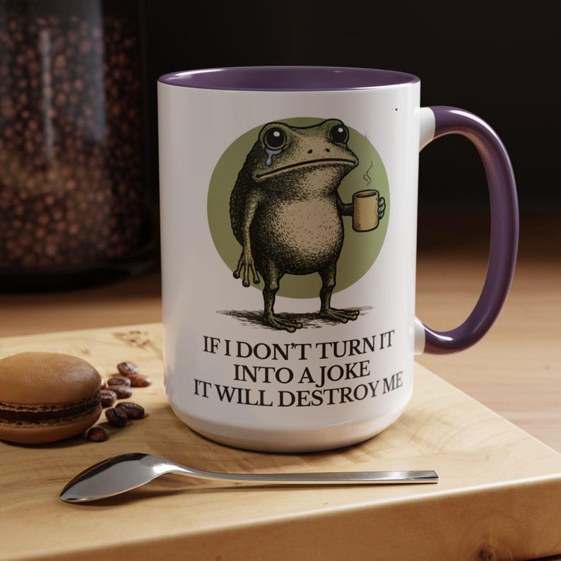 Taza divertida de rana: "Si no lo convierto en broma, me destruirá". Taza de café sarcástica con humor sobre salud mental, 325 ml, 480 ml y 590 ml. Purple