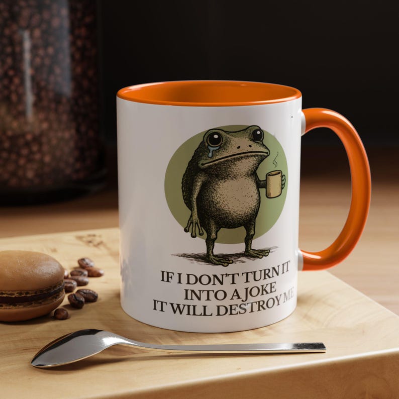 Taza divertida de rana: "Si no lo convierto en broma, me destruirá". Taza de café sarcástica con humor sobre salud mental, 325 ml, 480 ml y 590 ml. imagen 16