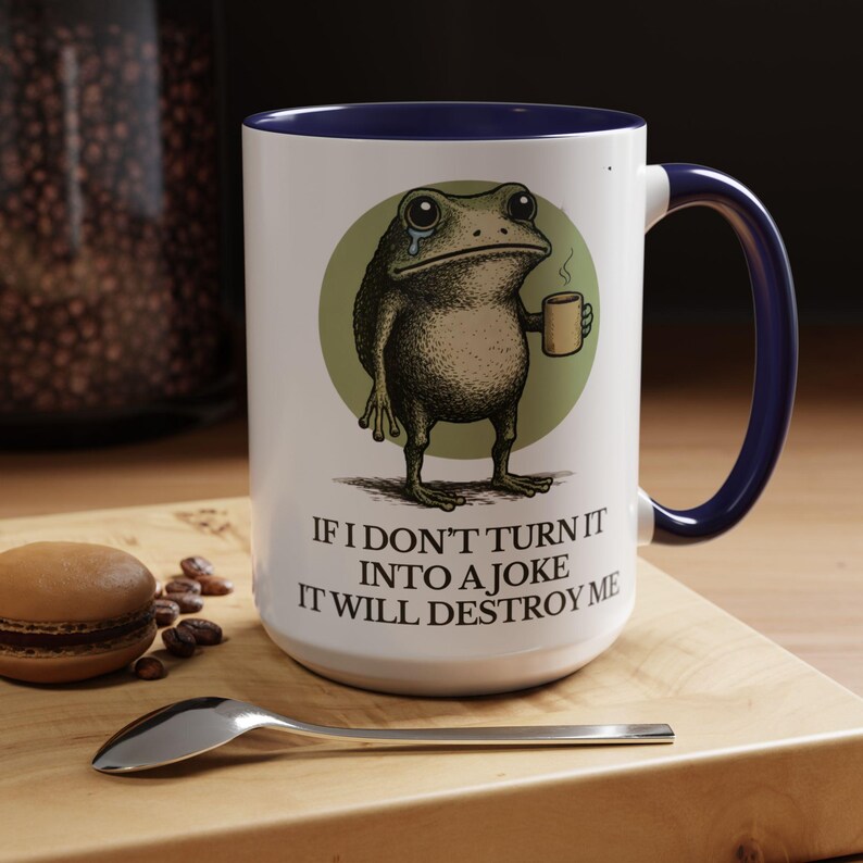 Taza divertida de rana: "Si no lo convierto en broma, me destruirá". Taza de café sarcástica con humor sobre salud mental, 325 ml, 480 ml y 590 ml. Navy
