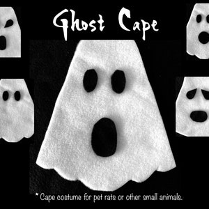 May include: White felt ghost cape costume for small pets. The cape has a simple ghost face with two eyes, a mouth, and a nose.
