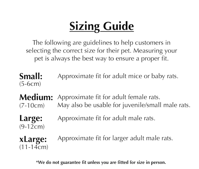 May include: Sizing guide for pet accessories, with measurements in centimeters. Small: 5-6cm, Medium: 7-10cm, Large: 9-12cm, xLarge: 11-14cm.  *We do not guarantee fit unless you are fitted for size in person.