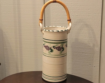 Tall Ceramic Vase with Bamboo Handle and Purple Grapes with Purple and Green Stripes, Made by Potters Salado, TX, Glazed, Vintage