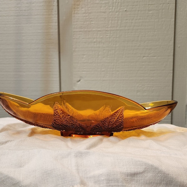 Anchor Hocking Amber Glass Bowl with Leaf Design, Candy, Nut, Relish Serving Dish, Oblong Shaped, Textured, Vintage 1950s