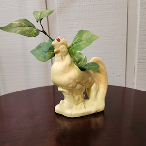 Vintage Rooster Planter, Pottery, Yellow with Red Accents, Ceramic, Unmarked, Vintage 1950s, Rustic Farmhouse Decor