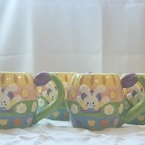 Cooks Club Spring Mugs with Easter Bunny Rabbit, Set of 4 Striped Cups with Pastel Colors and Tulip Handles, Ceramic, Lightweight