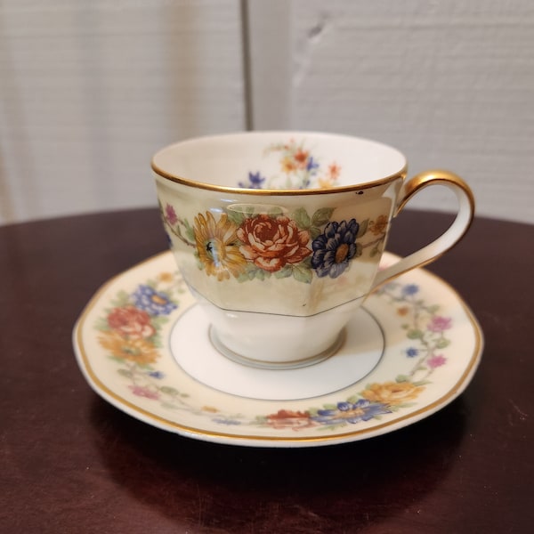 Demitasse Limoges France Teacup and Saucer with Hand Painted Flowers on Beige, Theodore Haviland, Azay-le-Rideau, Small Espresso Cup