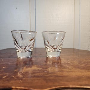 May include: Two clear shot glasses with a leaf design etched into the glass. The glasses have a silver rim and a silver base. The shot glasses are sitting on a brown wooden surface.