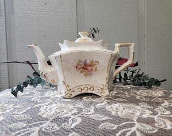 Tetera de cerámica vintage, Arthur Wood 5086, modelo Monarch, ribete dorado, flores en tonos pastel, forma de pagoda, década de 1950, decoración del hogar - USADO