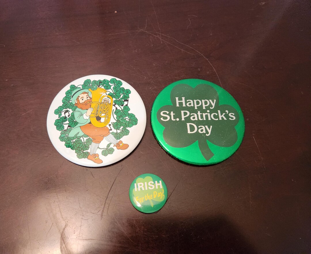 Vintage St. Patrick's Day Button Pins, Set of 3, Leprechaun, Leaf ...