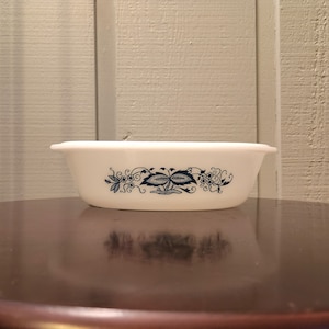 Glasbake Blue Onion Milk Glass Oval Casserole Dish, Vintage 1960s, Heat Quick Bottom, 1 QT, USA, No Lid