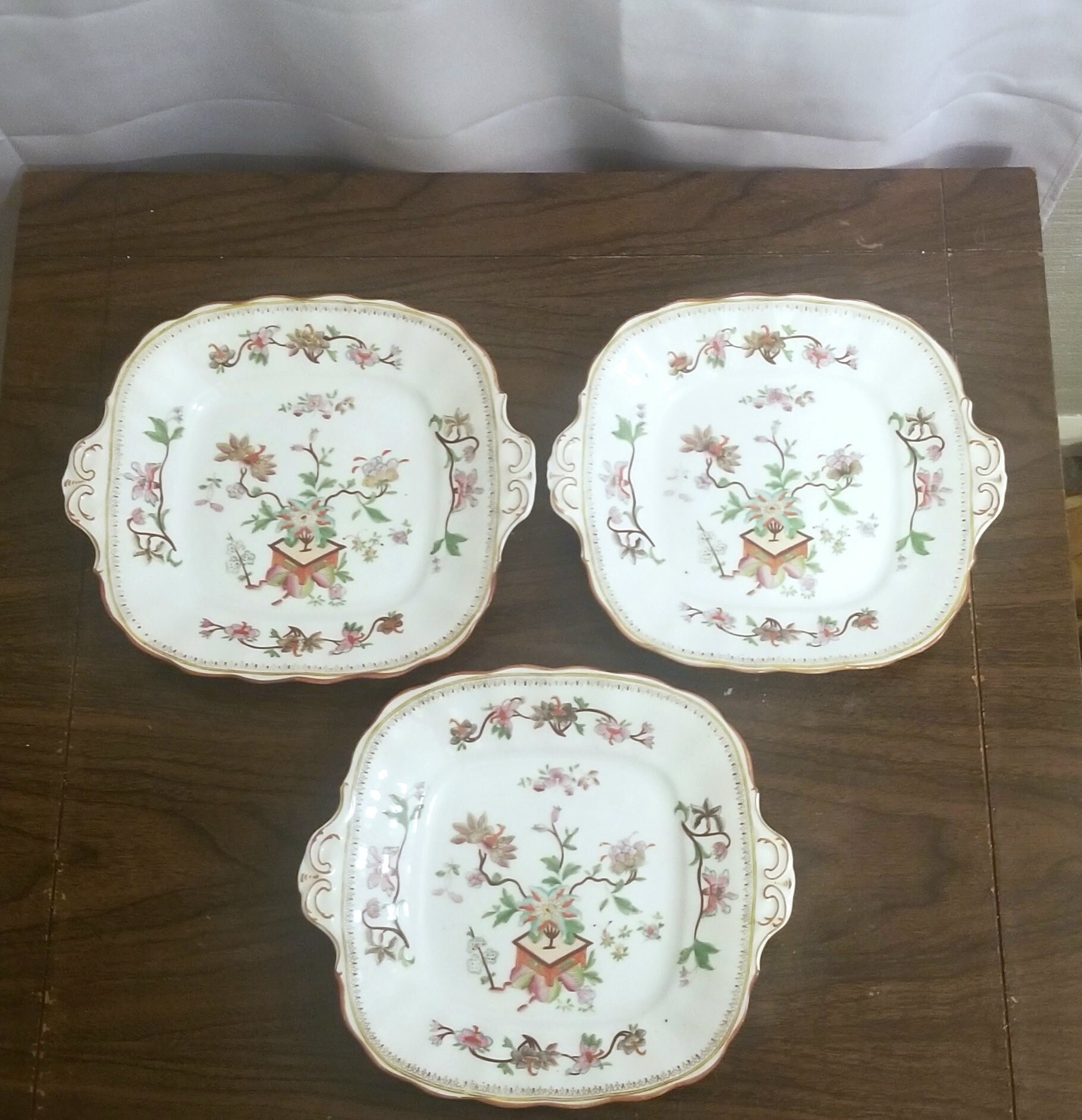 Vintage Set of 3 Japanese Inspired Square Sushi Serving Plates with Handles and Hand Painted Floral Bonsai Like Designs - Ceramic
