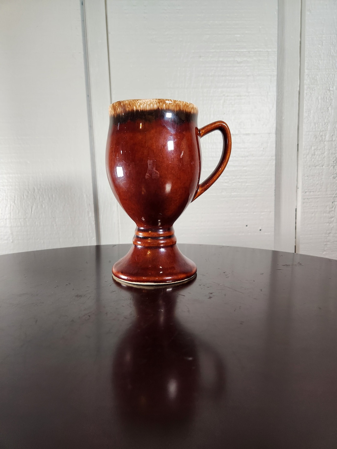 Hull Brown Drip Glaze Stemmed Large Coffee Mug, Irish Cup, MCM Midcentury, Made in USA, Pottery