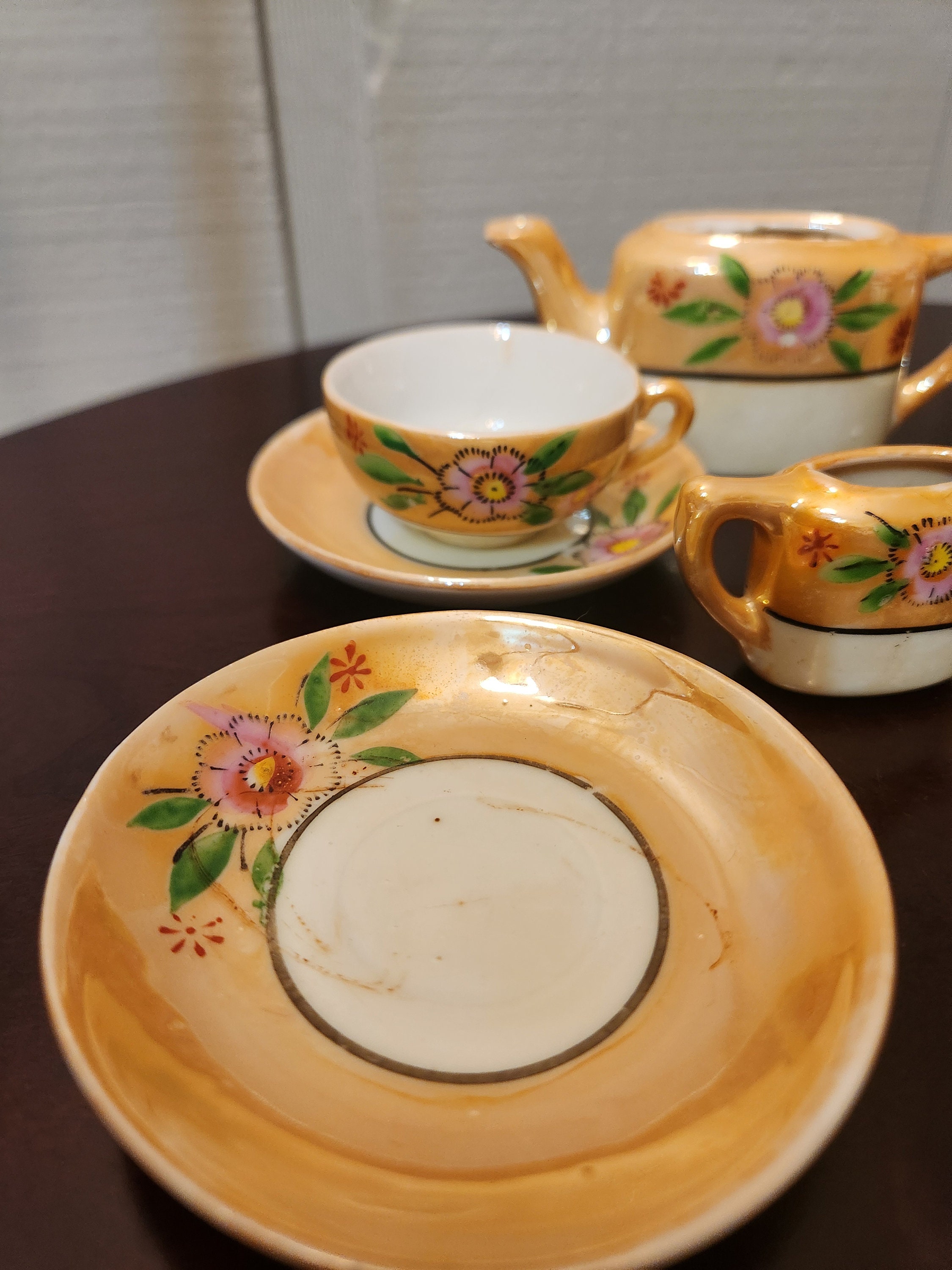 Miniature Tea Set, Lusterware With Hand Painted Flowers, 9 Pieces