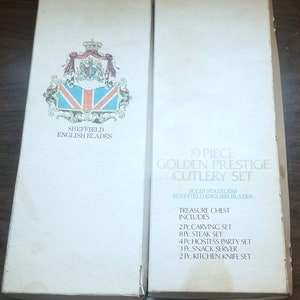 Sheffield English Blades 19 (18) Piece Golden Prestige Cutlery Set- 1960s, Stainless Steel, Original Box, Kitchen Knives