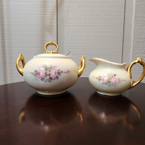 Antike M & Z Austria Zuckerdose und Milchkännchen, gold bemalte Griffe, rosa Rosenblüten, Porzellan