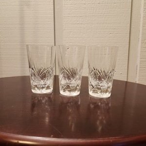 Crystal Shot Glasses with Etched Starburst Design, Tall, Set of 3, 3 3/4 Inches Tall, Lowball, Liquor Glass, Vintage