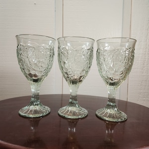 Noritake Water Goblets with Embossed Grapes and Leaves, Wine Glasses, Green Tint, Set of 3, Arbor Light Green, Vintage , Made in Japan