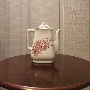 Antique Stone China Teapot with Pink Flowers and Brown Leaves, Square Shaped, V&B Warranted, Ceramic Glazed Porcelain, Hand Painted