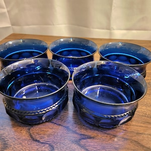 Blue Thumbprint Bowls Indiana Glass, Set of 5, King&#39;s Crown, Cobalt, Tiara, Snack, Sherbet, Ice Cream, Fruit, Nuts
