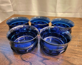 Blue Thumbprint Bowls Indiana Glass, Set of 5, King&#39;s Crown, Cobalt, Tiara, Snack, Sherbet, Ice Cream, Fruit, Nuts