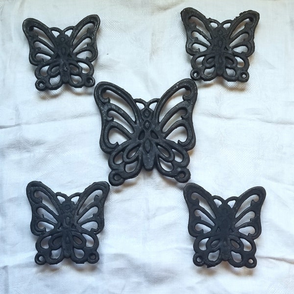 Vintage Set of 5 Black Cast Iron Butterfly Trivets with Rubber Feet - Original Box, 1 large & 4 small, Pre-Loved, 1960s, Made in Taiwan