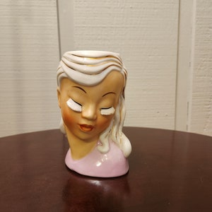 NAPCO Lady Head Vase, Asian Woman with White Hair and Gold Streaks, Highlights, Ceramic White Eyelashes, Pink Shirt, Vintage 1950s, S12OC
