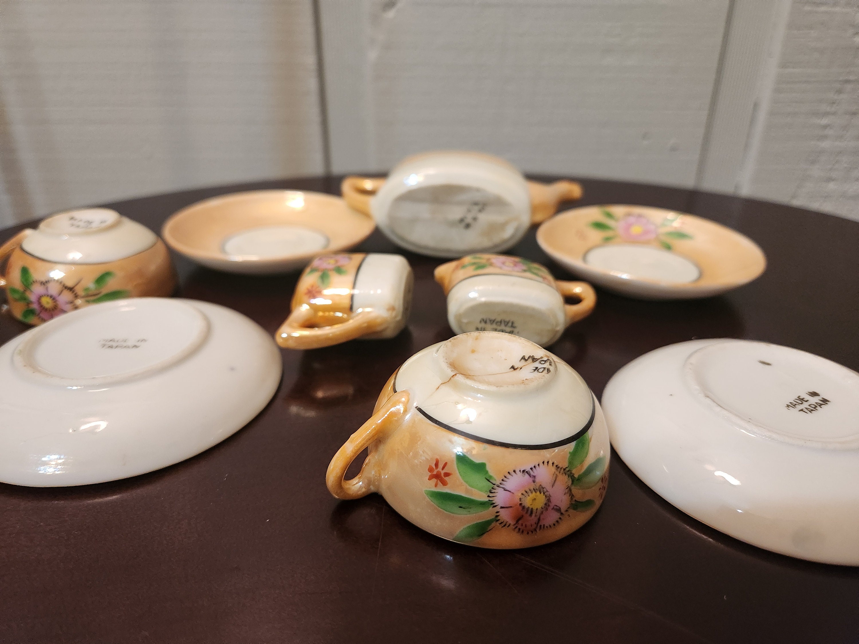 Miniature Tea Set, Lusterware With Hand Painted Flowers, 9 Pieces