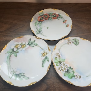 Platos de postre Hutschenreuther Selb Racine Bavaria, juego de 3, antiguos, década de 1920, flores pintadas a mano con detalles dorados, bordes festoneados, pan