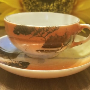 Può includere: Un set da tè vintage composto da una tazza e un piattino con un delicato motivo floreale in tonalità arancio, blu e nero. La tazza ha una forma arrotondata e un piccolo manico, mentre il piattino ha un bordo ondulato.
