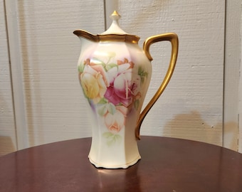 Large Antique J.S. Germany Chocolate Pot with Hand Painted Roses, Gold Trim, Teapot, Coffee, 10 in, Porcelain