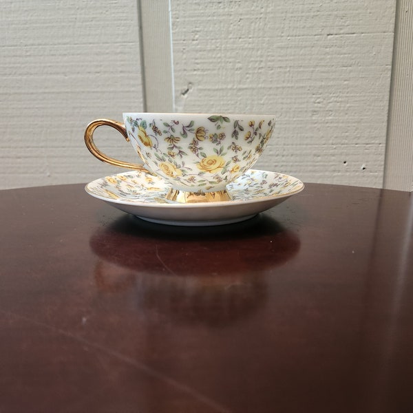 NAPCO Yellow Rose Tea Cup and Saucer Set, Hand Painted, Gold Trim, C-321, Footed, 8 OZ, Made in Japan, Vintage 1960s