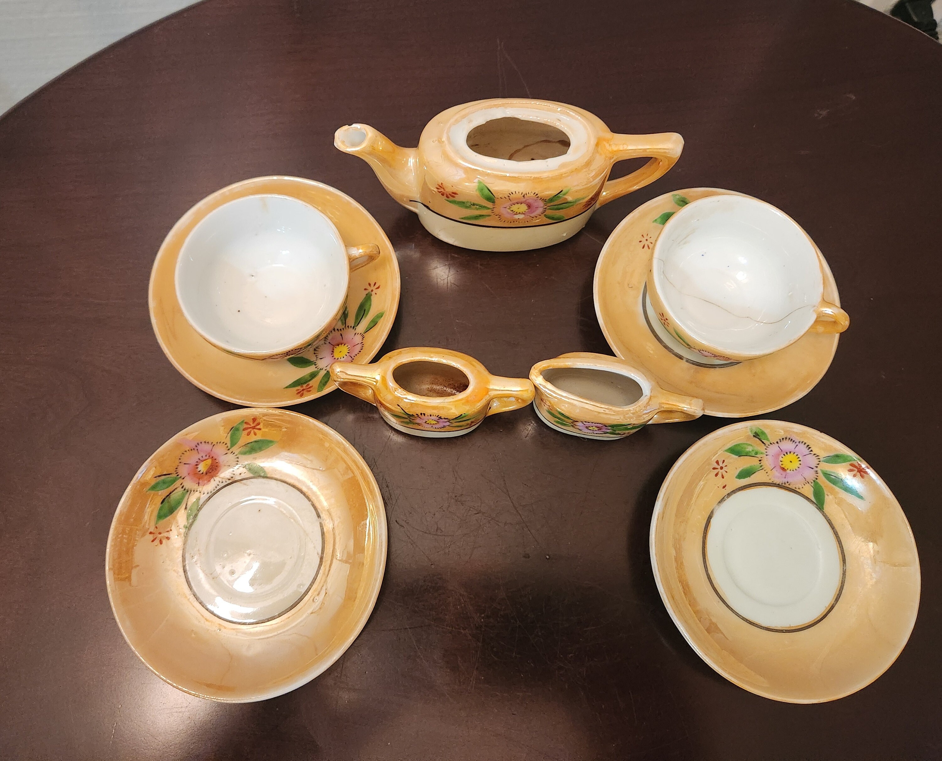 Miniature Tea Set, Lusterware With Hand Painted Flowers, 9 Pieces