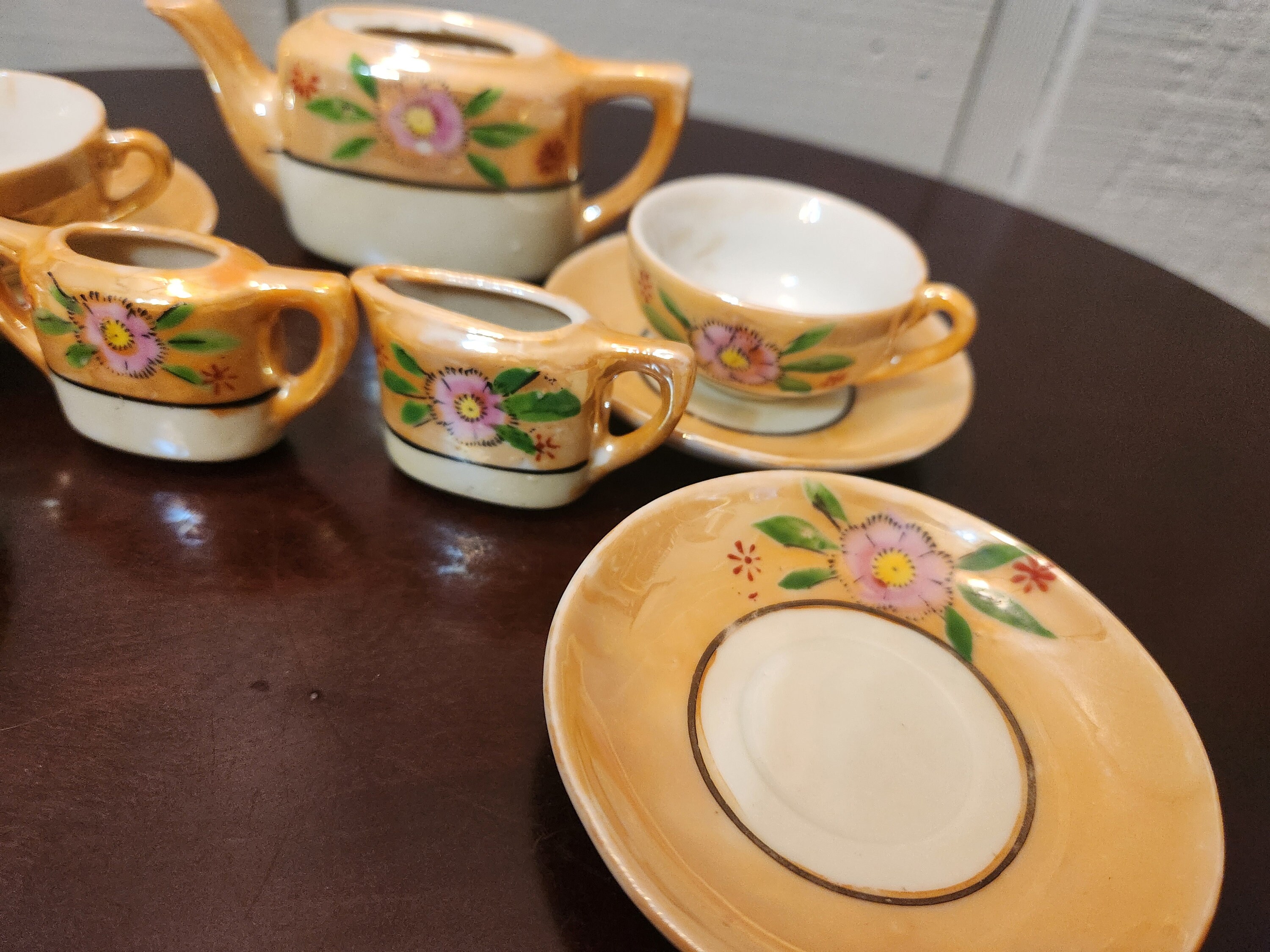 Luster Tea Set Miniature Tea Set, Lusterware With Hand Painted Flowers, 9 Pieces, Cups ...