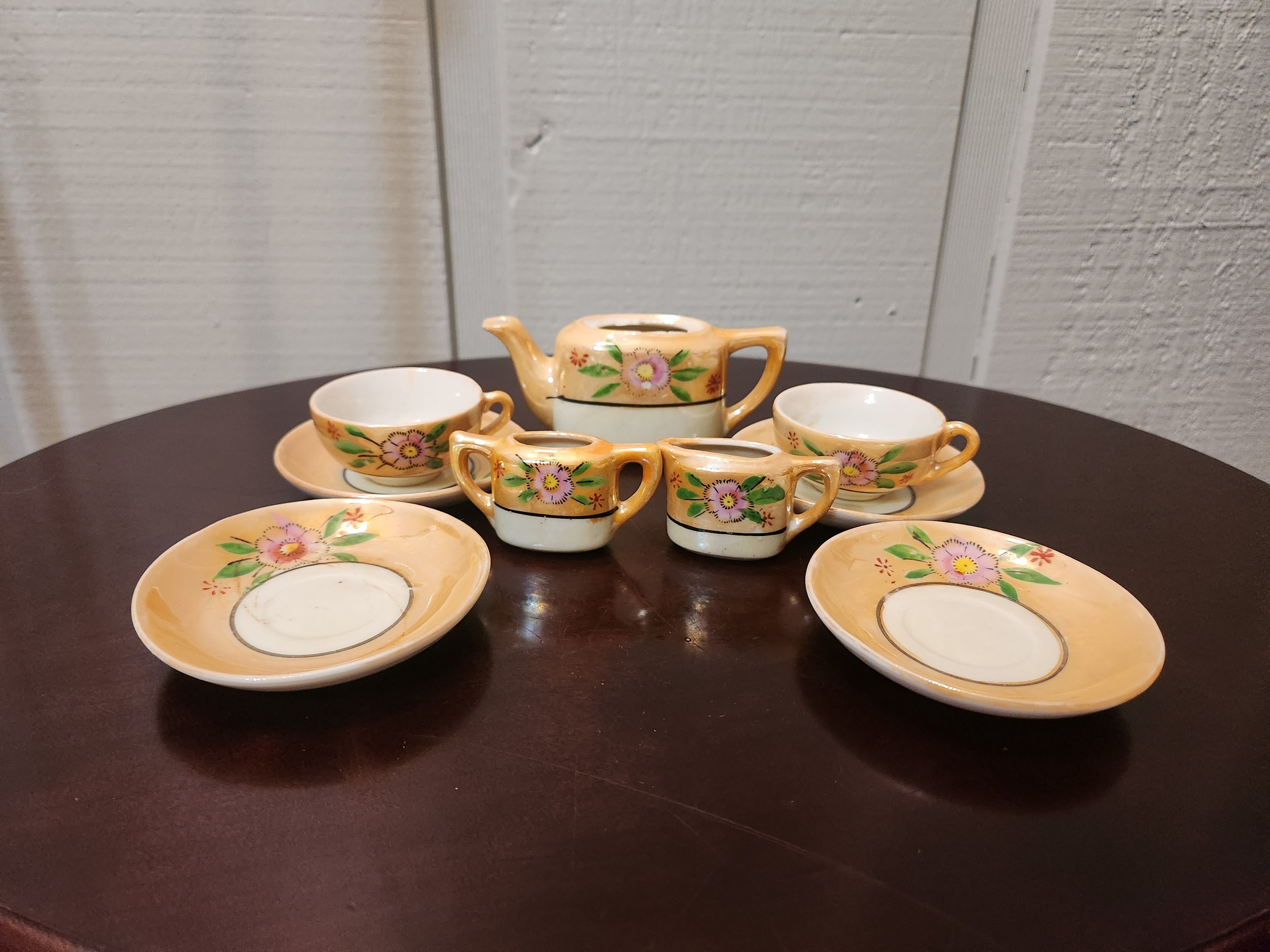 Miniature Tea Set, Lusterware With Hand Painted Flowers, 9 Pieces