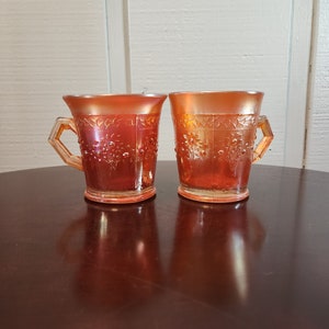 Antique Fenton Carnival Glass Tree of Life Marigold Orange Peach Cups, Set of 2 with Handles, Irridescent, Thick Glass, Mugs, 1910s