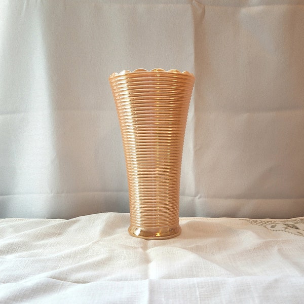Peach Luster Fire King Milk Glass Vase with Ribbed Design and Scalloped Edges, 7 In, Vintage 1970s