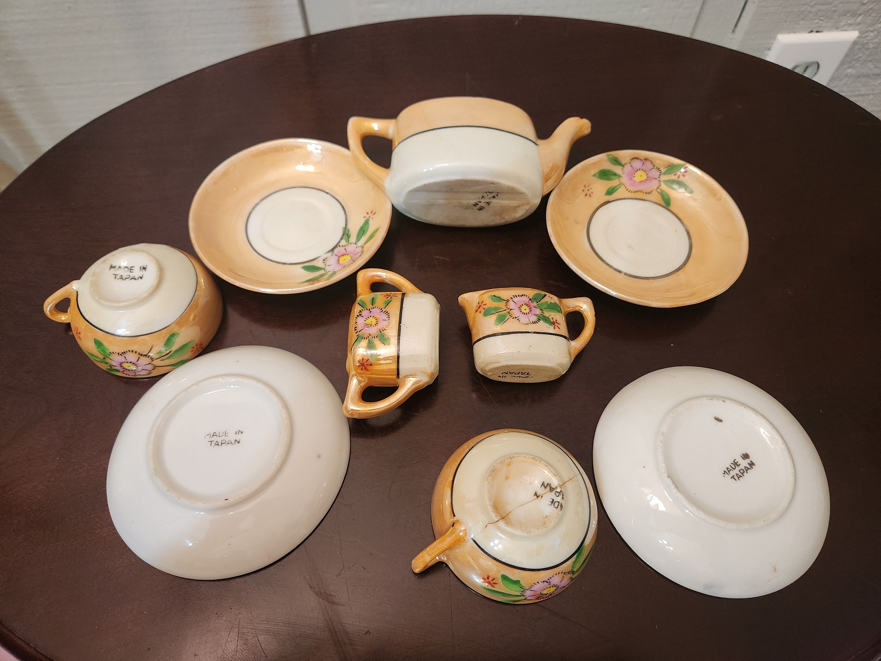 Miniature Tea Set, Lusterware With Hand Painted Flowers, 9 Pieces