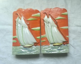Pair of Ceramic Sailboat Wall Pocket Vases